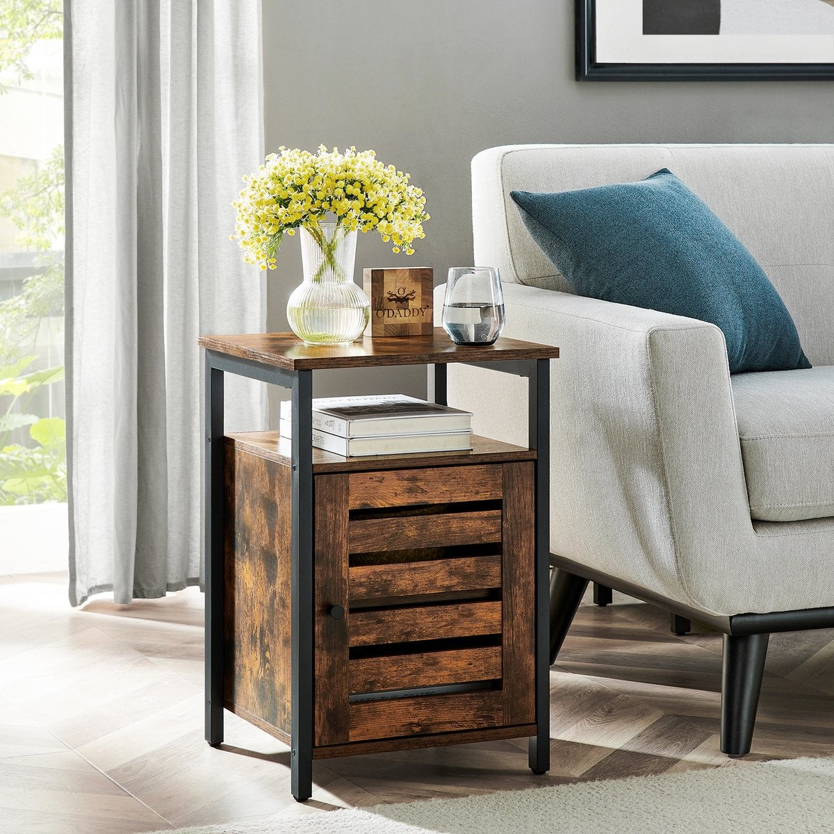 O'DADDY® Nachtkastjes industrieel - bijzettafel - nachtkastje met deur en planken - 40 x 40 x 60 cm - bruin