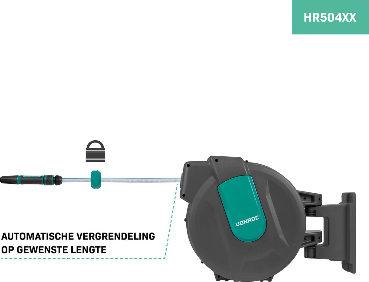 VONROC Wall Hose Box - Comprend un tuyau d'arrosage de 35 m, un tuyau de raccordement, une buse, des raccords et un robinet - Système d'enroulement automatique
