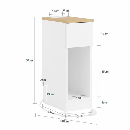 SoBuy 2-piece Slim Nightstand with Charging Station, Narrow Side Table with Standard Socket, USB Port and Type-C Port for Bedroom and Living Room, W20 x D35 x H60 cm, White, FBT111-E-WNx2 (table d'appoint étroite avec prise standard, port USB et port Type