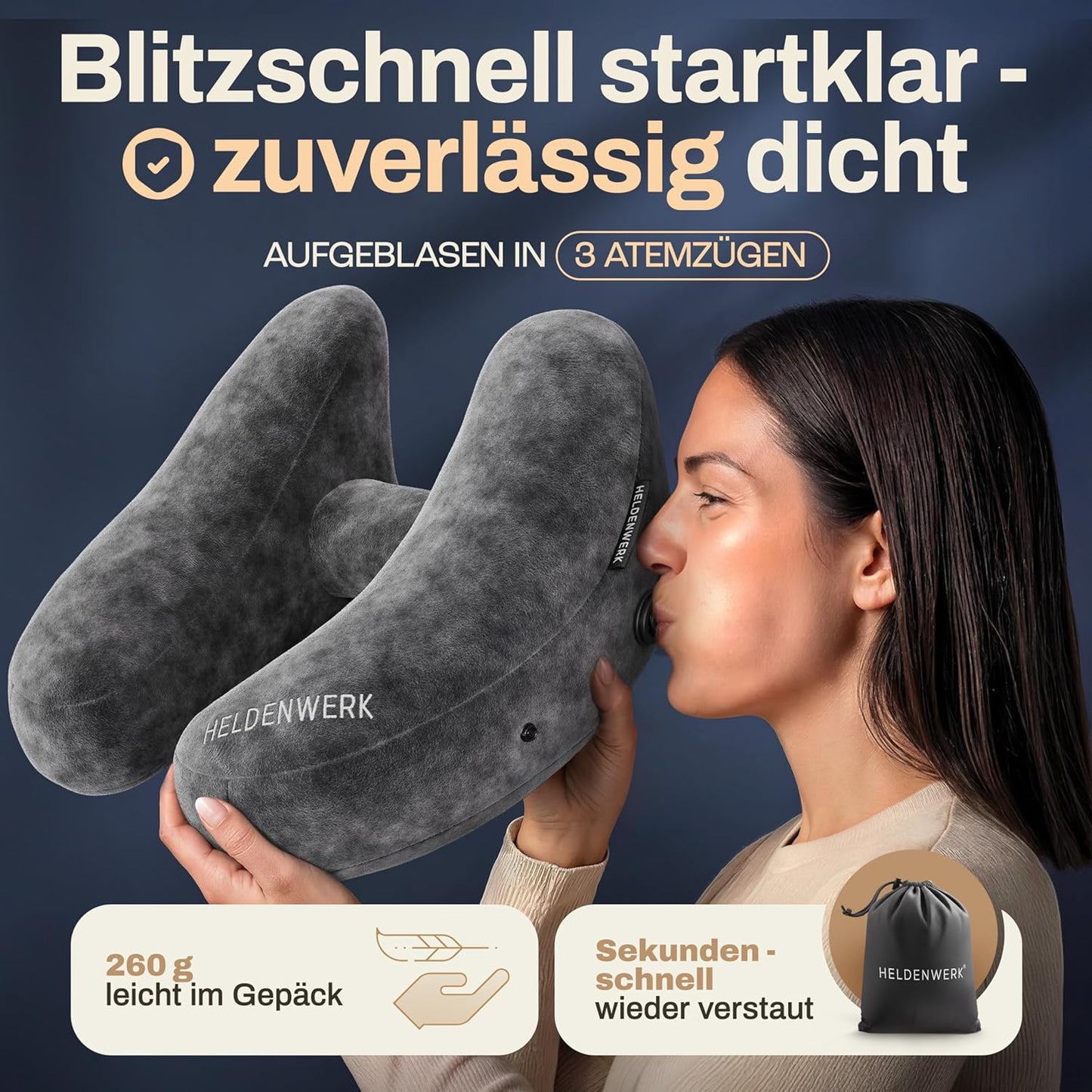 Oreiller gonflable pour la nuque Heldenwerk Premium Air - Gris foncé - Petite taille - Avec capuche et bouchons d'oreille