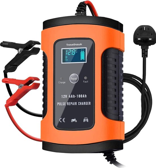 Travelhawk Chargeur de batterie - Chargeur de secours - Chargeur de batterie de voiture - Convient à la moto, à la voiture et au scooter - 12V 6A