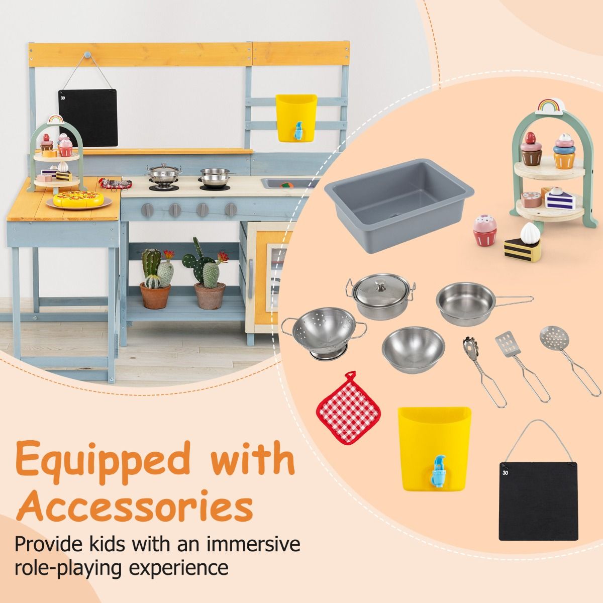 Cuisine jouet Coast pour enfants - Cuisine jouet et coin repas 2-en-1 - avec rangements et accessoires - gris - 150 x 71 x 99 cm