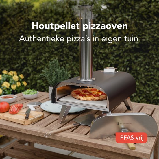 KitchenBrothers Four à Pizza - Au feu de bois - Table Top - Avec Couvercle Protecteur - Sans PFAS - Pliable - Pierre à Pizza - jusqu'à 460°C Pizza maker - Set complet - Four à Pizza pour l'extérieur - Noir/RVS