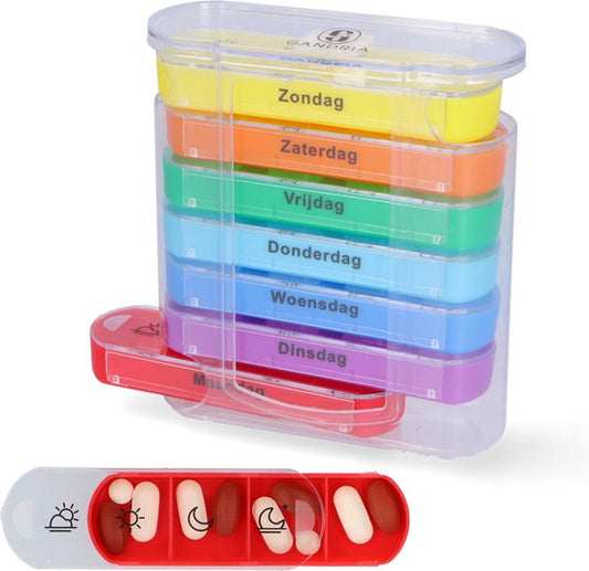 Pilulier 7 jours - Gandria - Pilulier amovible - Boîte à médicaments empilable avec 28 compartiments - Boîte à médicaments avec fermeture solide - 4 compartiments par jour - 7 couleurs