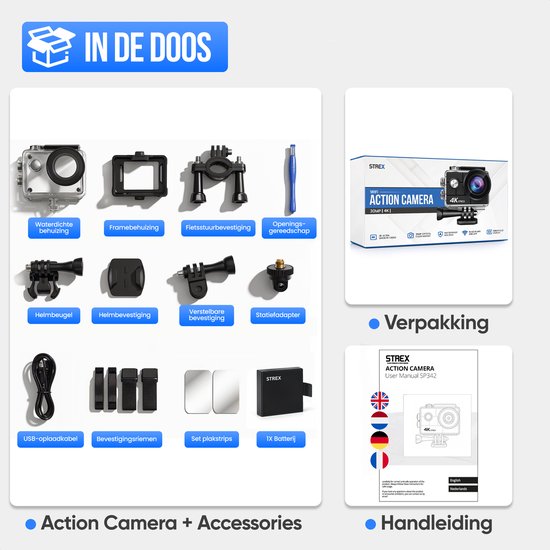 Caméra d'action Strex 4K 30 MP - Étanche jusqu'à 30 mètres, stabilisation EIS et application Wi-Fi - Caméra sous-marine étanche à 60 images par seconde - Caméra corporelle - Caméra d'action