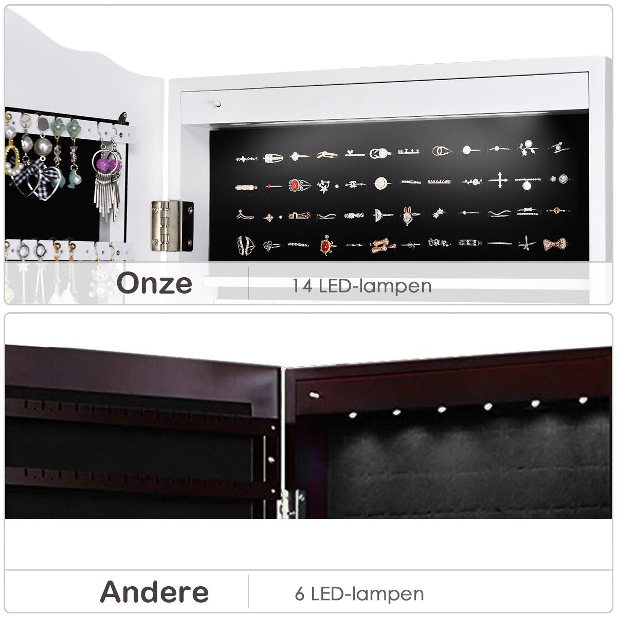 Coast armoire à bijoux - 12 lampes Led - avec miroir - inclinable - avec tiroirs - 41,5 x 37 x 160 cm - blanc