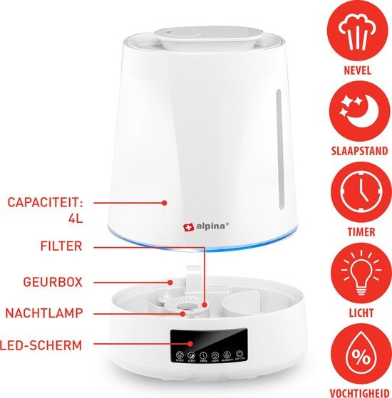 Humidificateur - Alpina - 4L - Diffuseur d'arômes avec minuterie - Télécommande - Blanc