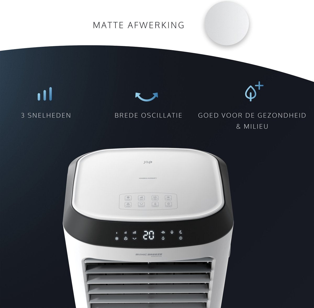 JAP Appliances Edmonton - 4 in 1 Aircooler, Ventilator, Ionisator en luchtbevochtiger - Met afstandsbediening en timer - Inclusief 2 koelelementen - Mat wit