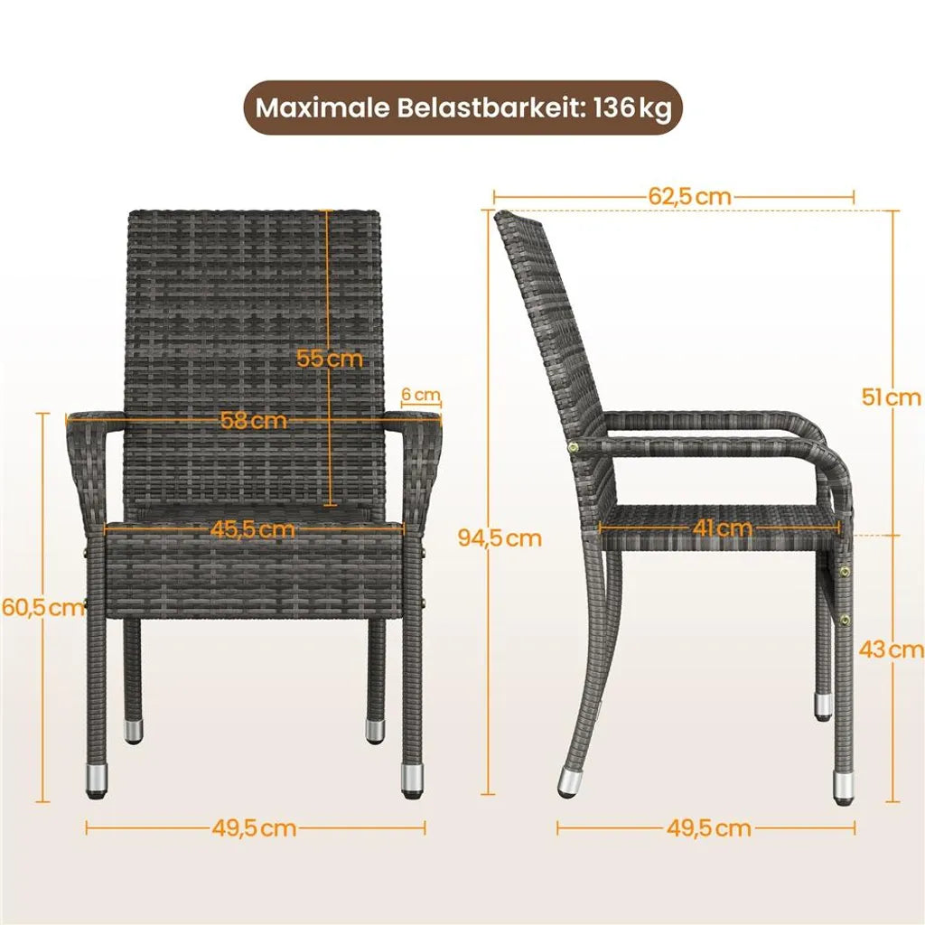 Chaises de jardin Yaheetech - Lot de 2 - Rotin PE - Empilables - Accoudoirs - Gris