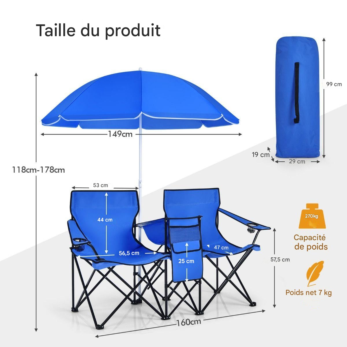 Chaise de camping double pliable Coast, avec parasol, porte-gobelet et sac isotherme, bleu