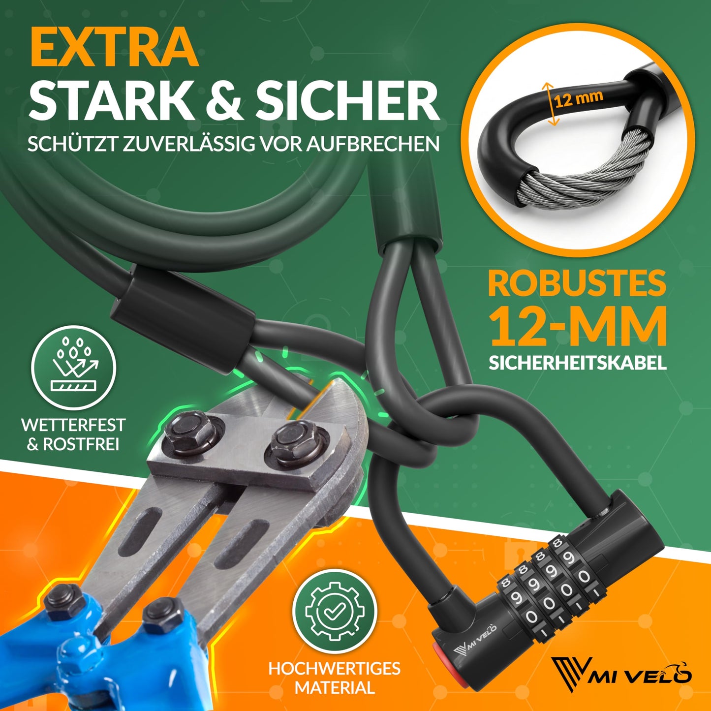 Câble antivol MIVELO - antivol de vélo à code - câble en acier de 200 cm - combinaison à 4 chiffres