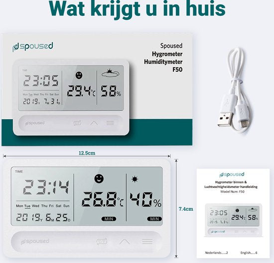 Spoused Hygromètre numérique - Thermomètre d'intérieur - Humidimètre - Station météo - Blanc