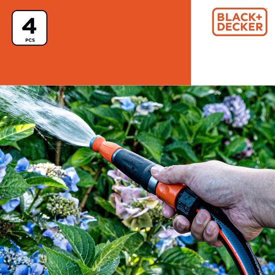 BLACK+DECKER - Lot de 4 raccords pour tuyau d'arrosage / 2x bouchon d'eau / Entretoise - Noir / Orange