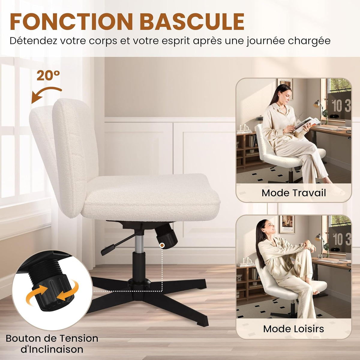 Chaise de bureau ergonomique Yaheetech - Ivoire - Bouclé - Hauteur d'assise réglable - Rotation à 360° - Piètement en croix