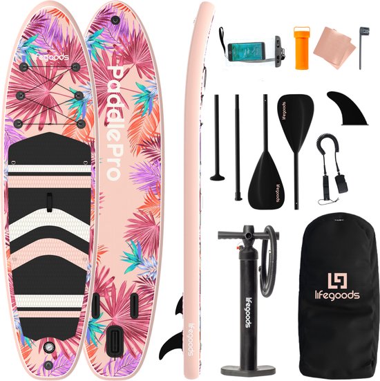 LifeGoods PaddlePro SUP Board - Planche à pagaie gonflable - Ensemble complet - Max. 150KG - 320x81cm - Tropical Pink