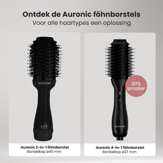 Auronic Brosse-sèche-cheveux 4 en 1 - Airstyler - Peignes - Coiffures - Boucles - Séchage - Brosse à boucler de 37 mm - Flux d'air à 360 degrés - Noir/Noir