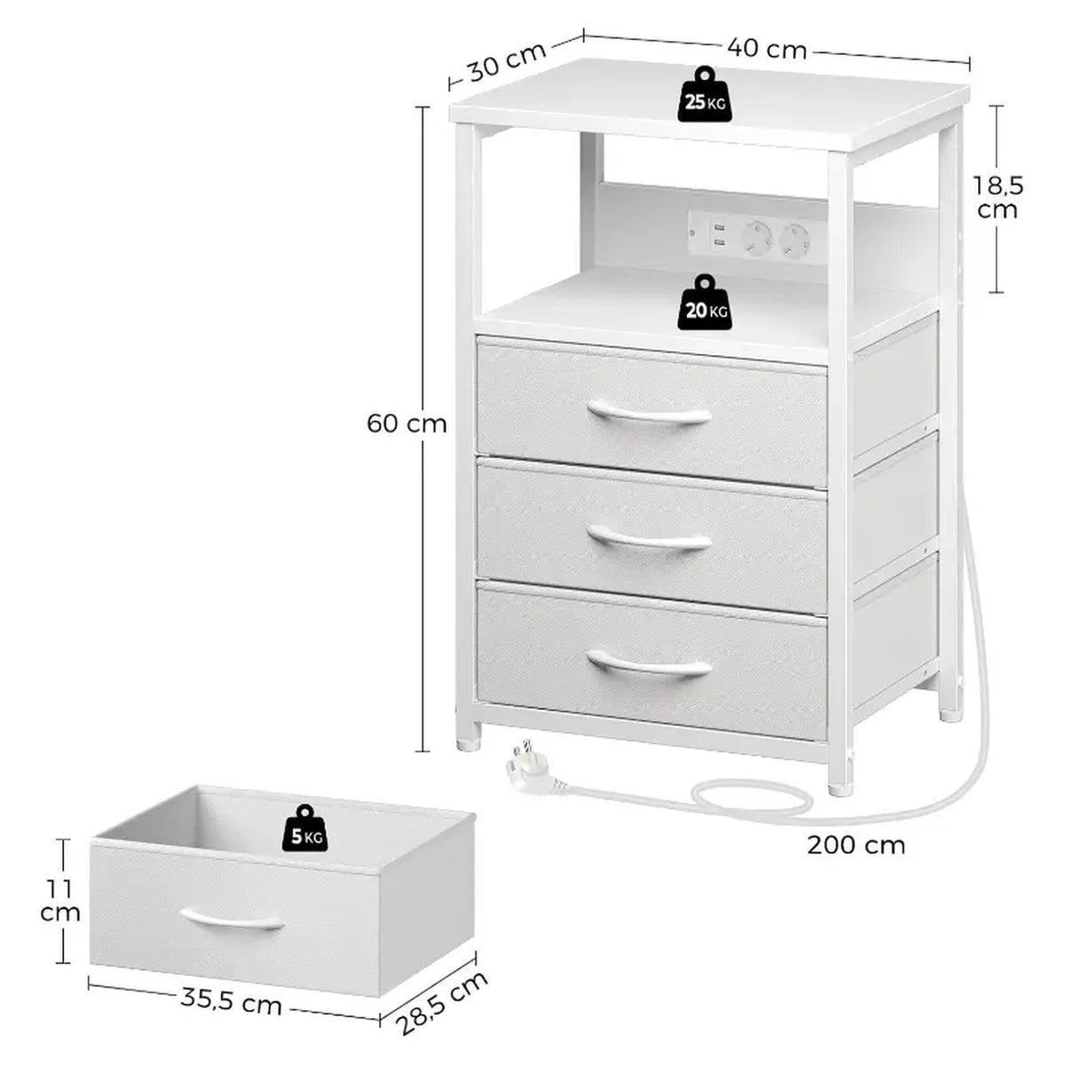 Table d'appoint Seventable avec tiroirs en tissu - Prise électrique et éclairage intégrés - Blanc mat