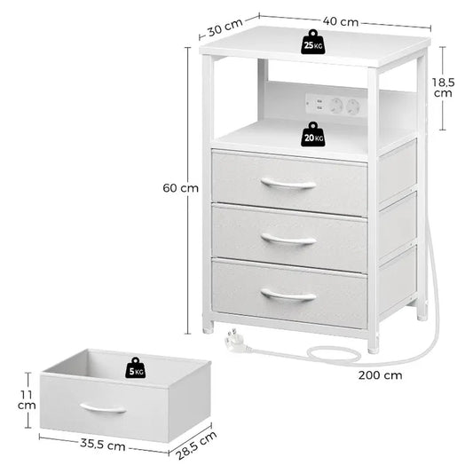 Table d'appoint Seventable avec tiroirs en tissu - Prise électrique et éclairage intégrés - Blanc mat