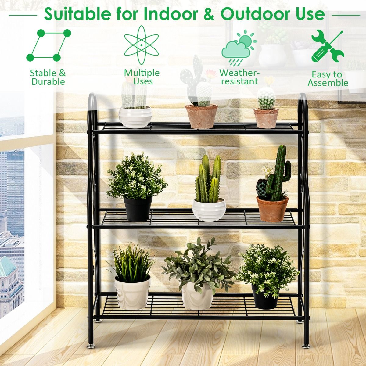 Support à plantes en métal Coast - 3 niveaux - Étagère de rangement multifonctionnelle - Noir 72 x 25 x 85 cm