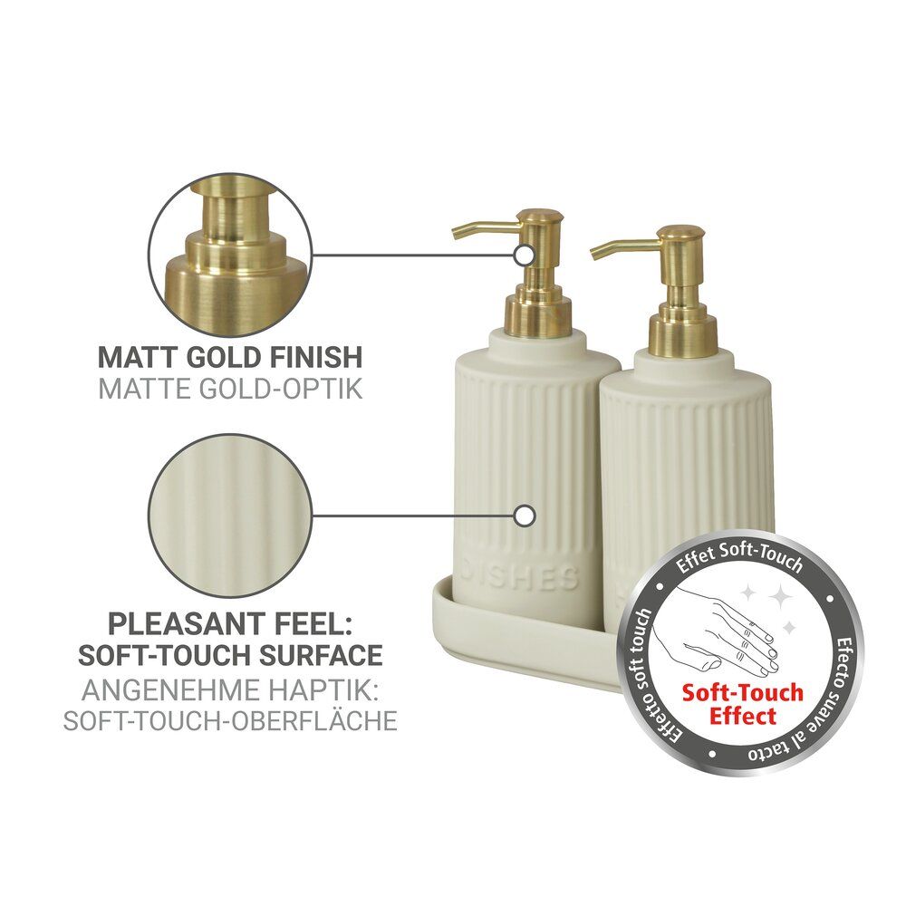 Ensemble de distributeurs de savon et de liquide vaisselle WENKO Heidi, couleur crème - 2 x 550 ml - Céramique
