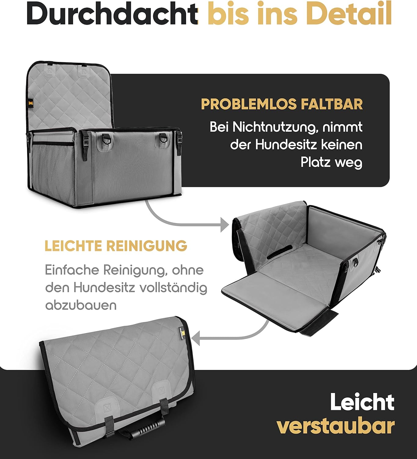 HELDENWERK Siège auto pour chien, très robuste, parois renforcées, 5 sangles, siège auto pour chien étanche pour siège arrière et avant, gris, taille standard