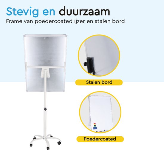 BRASQ Flipover Mobile - 70x100 cm - Tableau blanc ajustable - Comprend 25 feuilles de papier, 4 marqueurs, 8 aimants, une gomme - Flipover avec trombone et crochets - Tableau magnétique - Tableau magnétique - Blanc
