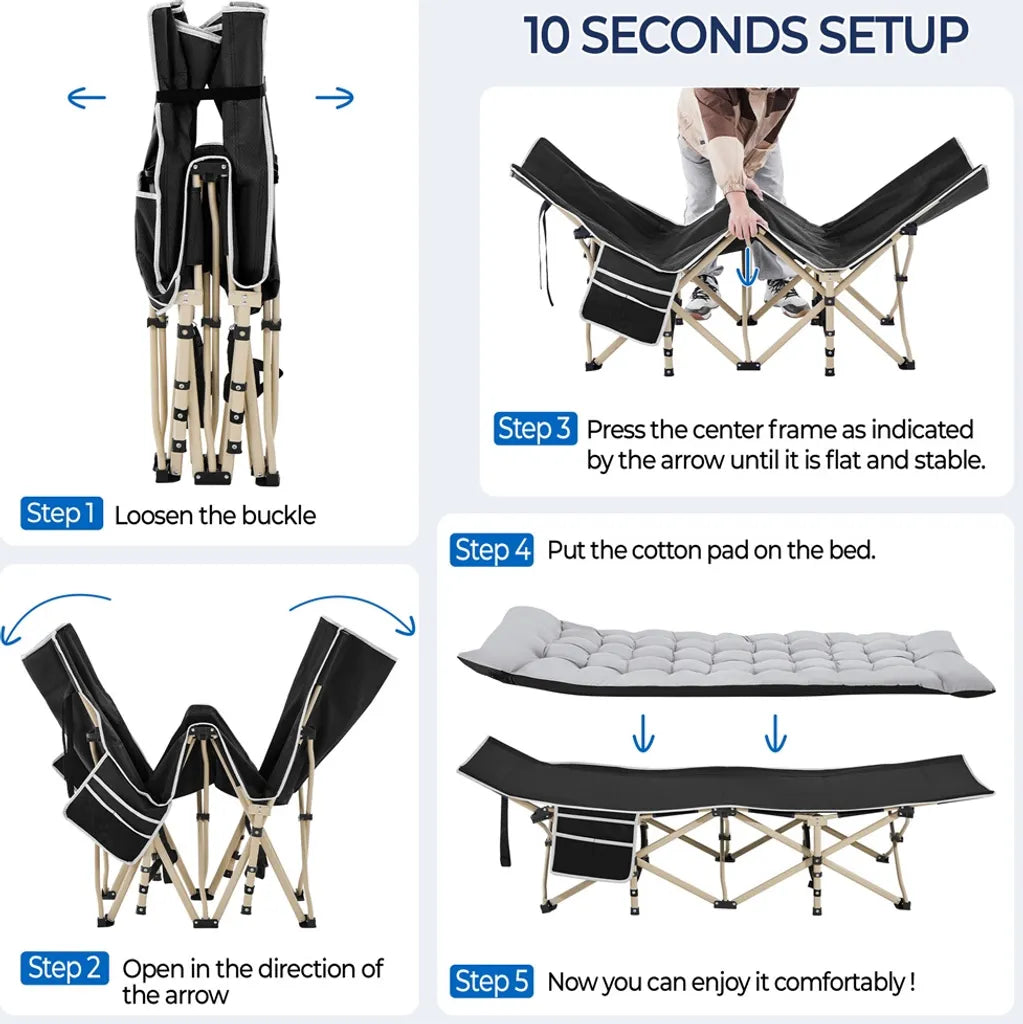 Lit de camp Yaheetech avec matelas 191 x 67 x 56 cm - Noir/Gris - Lit de camping pliable avec sac de transport