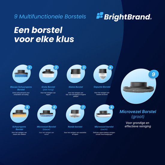 Brightbrand PowerScrub Pro - Brosse de nettoyage électrique - Brosse à récurer - Pour la salle de bain et la cuisine - Nettoyeur - Brosse à récurer avec manche - Raclette - Polisseuse - Polisseuse avec 10 accessoires