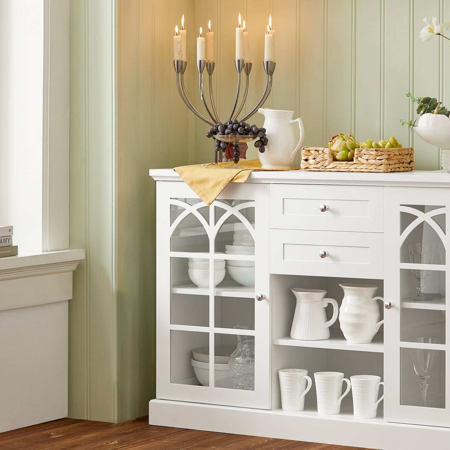 SoBuy FSB79-W Sideboard - Meuble de cuisine blanc avec tiroirs et portes en verre