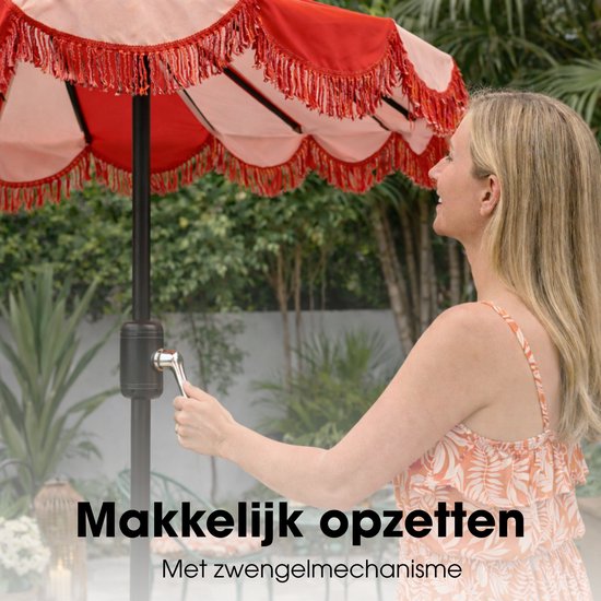 Mica Decorations Kim : parasol rayé avec sac de transport - Parasol à mât 238 x Ø235 cm - Parasol de jardin ou de balcon - Polyester, acier - Rouge