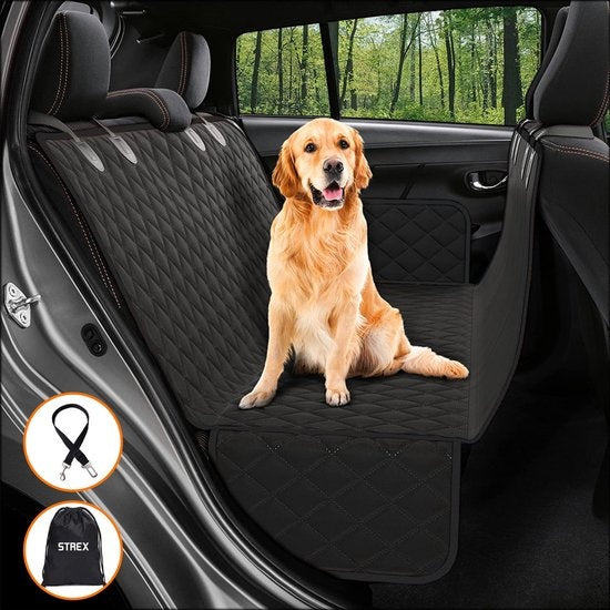 Strex Couverture pour chien Siège arrière et coffre de la voiture - 137 x 147 CM - Housse de protection - Tapis pour chien - Tapis de voiture Siège arrière - Laisse pour chien et sac de rangement inclus - NOIR