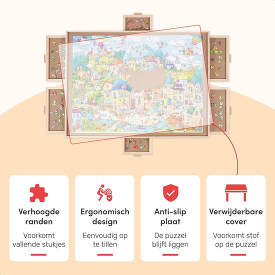 Plateau de puzzle rotatif avec système de rangement - 6 tiroirs - 1500 pièces - Bois - Table de puzzle - Classeur de puzzle - 64 x 86 x 4 cm - Couvercle de protection inclus - Tapis de puzzle - Mallette - Bois