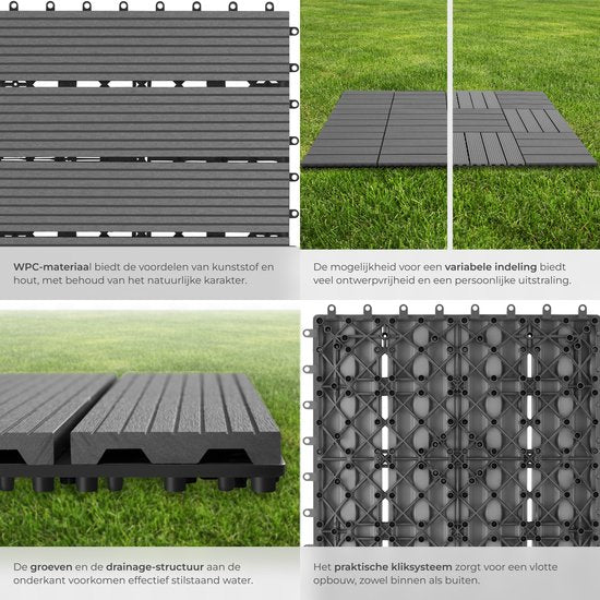 tectake® WPC wood tiles - Dalles aspect bois - Résistant aux intempéries - Sol extérieur - Dalles de sol - Sol de balcon - Dalles de terrasse avec système click - Drain - Lot de 11 - Gris