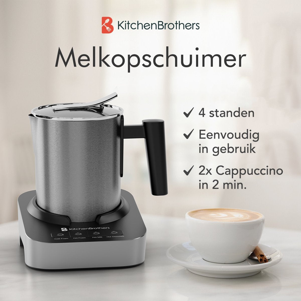 KitchenBrothers - Mousseur à lait électrique - Lavable au lave-vaisselle - 4-en-1 - 400 ML - Acier inoxydable/Noir