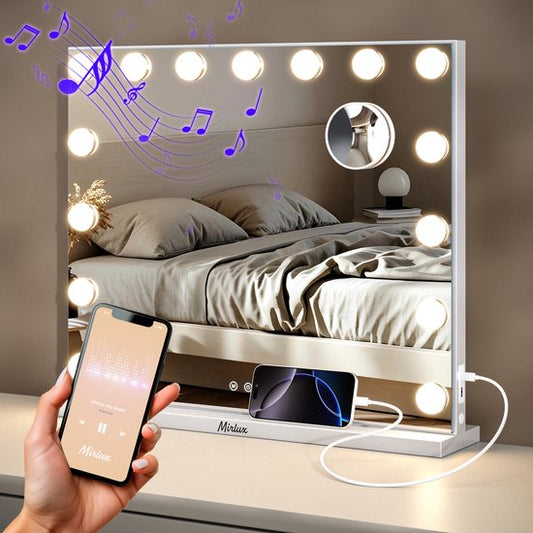 Mirlux Hollywood Mirror 58x48CM - Bluetooth Mirror with 2 Speakers - Make Up Mirror with Lighting - 15x LED Lamps - 3 Light Modes - 10x Magnification - Hollywood Mirror with USB & USB-C - Luxury White Make-Up Mirror for Dressing Table or Bathroom
