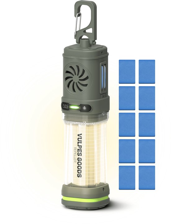 Répulseur Vulpes Goods® - Répulseur de moustiques 3 en 1 - Lampe anti-moustiques rechargeable, Powerbank et lumière - Pour le voyage, le camping, la randonnée - Intérieur et extérieur - 400LM - Magnétique - 10 coussinets parfumés supplémentaires inclus