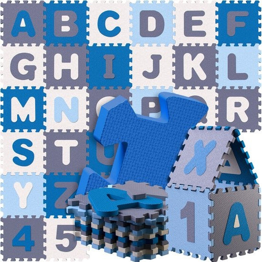 Spielwerk XXL Tapis de puzzle - Mousse 86 pièces Figures Lettres - Bleu