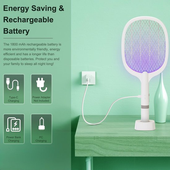Tapette à mouches électrique 5000V 2 en 1 avec base de chargement USB C - Attrape-mouches, tue-moustiques, mouches, abeilles, papillons de nuit