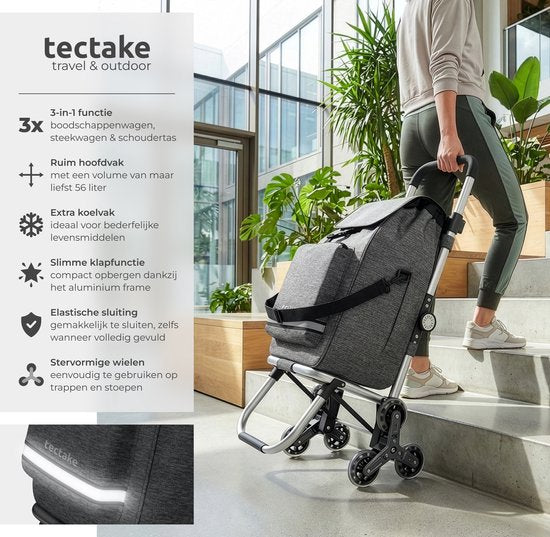 Chariot de courses tectake® 3-en-1 avec compartiment réfrigérant - Roues 4-Traploop - Pliable - Capacité de 56 L - Chariot de courses - Chariot de supermarché - S'utilise également comme diable et sac à provisions - Avec porte-clés et jeton de caddie