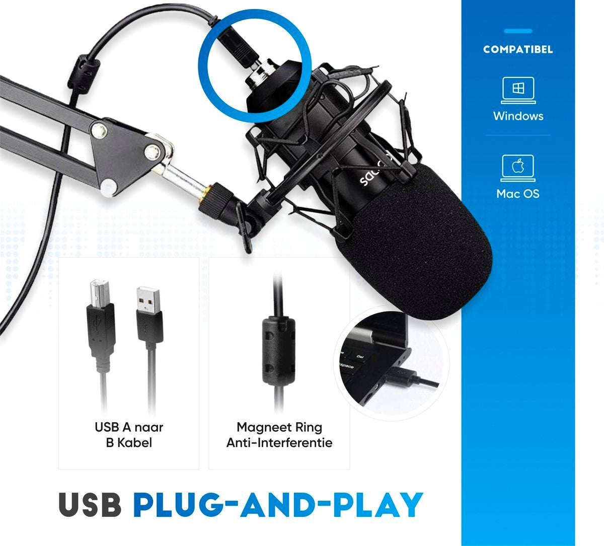 Microphone à condensateur avec bras - Gaming - Cardioïde - Microphone pour PC - USB - Avec support - Plop Cap - Filtre de bruit - Laptop - Streaming