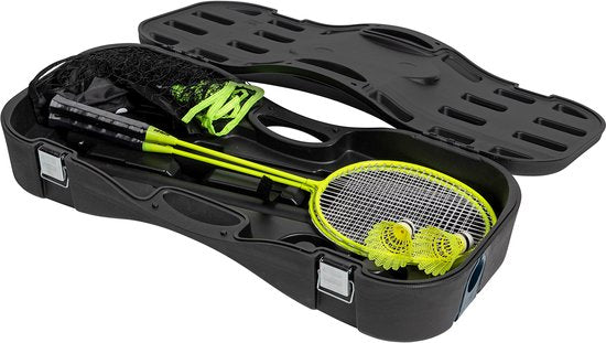Kit de badminton et de tennis portable 2-en-1 VirtuFit - Jaune - Valise et raquettes incluses - Filet réglable - Convient également pour le volley-ball et le football - Kit complet - Raquettes de badminton - Kit de badminton - Volants de badminton