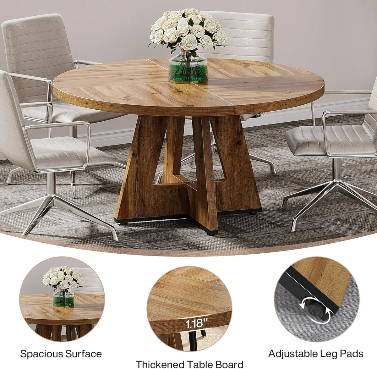 Table à manger ronde Lantine 120 cm - Table de cuisine de style rustique pour 4 personnes - Structure métallique robuste - Finition rustique