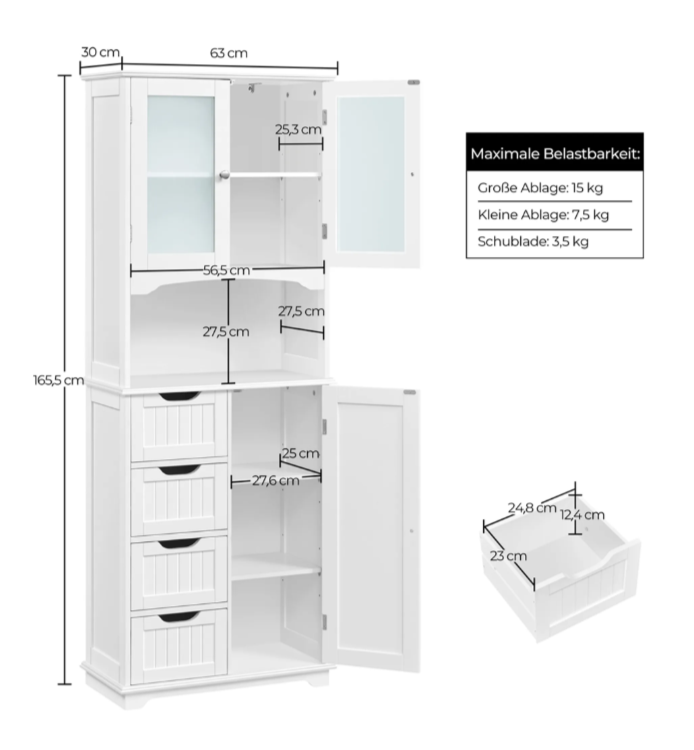 Armoire de salle de bains Yaheetech - Blanche - 63 x 30 x 165,5 cm - Portes vitrées, 4 tiroirs, étagères réglables
