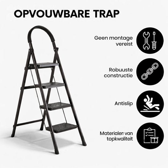 ToolX Household Ladders - Kitchen Ladders - Steel- 4 treads- Foldable - Anti-slip - Foldable - Black