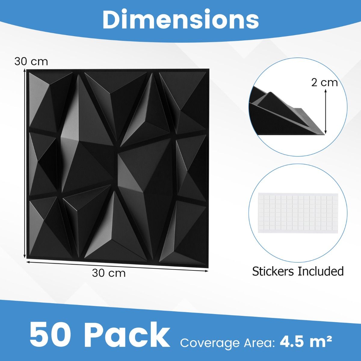 Panneaux muraux Coast 3D - motif en losange - autocollants - noirs 30 x 30 cm, 50 pièces
