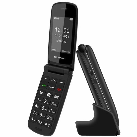 Téléphone portable Denver pour seniors 4G - Grandes touches - Bouton SOS - Grandir sans smartphone - Station de recharge - GSM - Bluetooth - Radio FM - Entièrement en néerlandais et en français - Modèle 2026 - BAS24800L