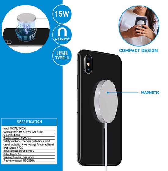 Chargeur magnétique Qi de Grundig - 15W - Câble USB-C de 1 mètre inclus - Protège contre les surintensités - Design compact - Argent