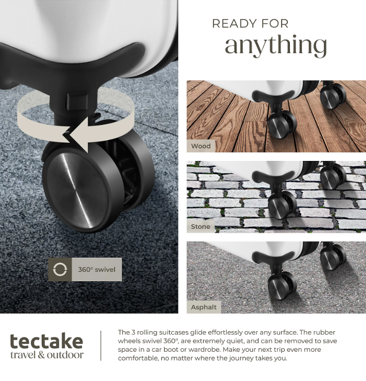Ensemble de valises Tectake Brice, 3 pièces – L, M et S – ABS – Roulettes à 360° – Cadenas TSA – Blanc
