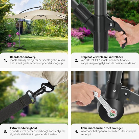 tectake® - Parasol rectangulaire avec housse de protection et manivelle - Parasol flottant - Hydrofuge - Protection solaire pour terrasses, jardins et patios - Parasol de balcon grand format - Parasol de marché - Ø 250 cm - Beige