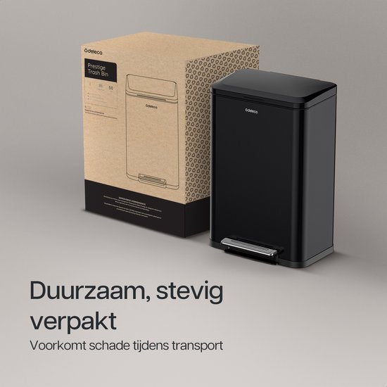 Deleca Trashcan Prestige - 50 Litres - Large - Poubelle / Corbeille à papier / Poubelle à pédale en acier inoxydable - Avec pédale et fermeture lente - Noir mat